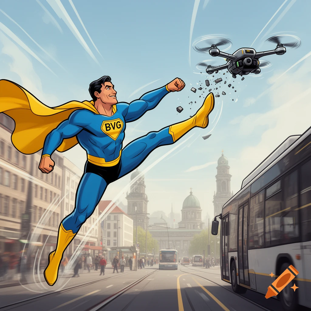 Comic illustration of a superhero in a blue and yellow suit kicking a drone on a city street with a bus.