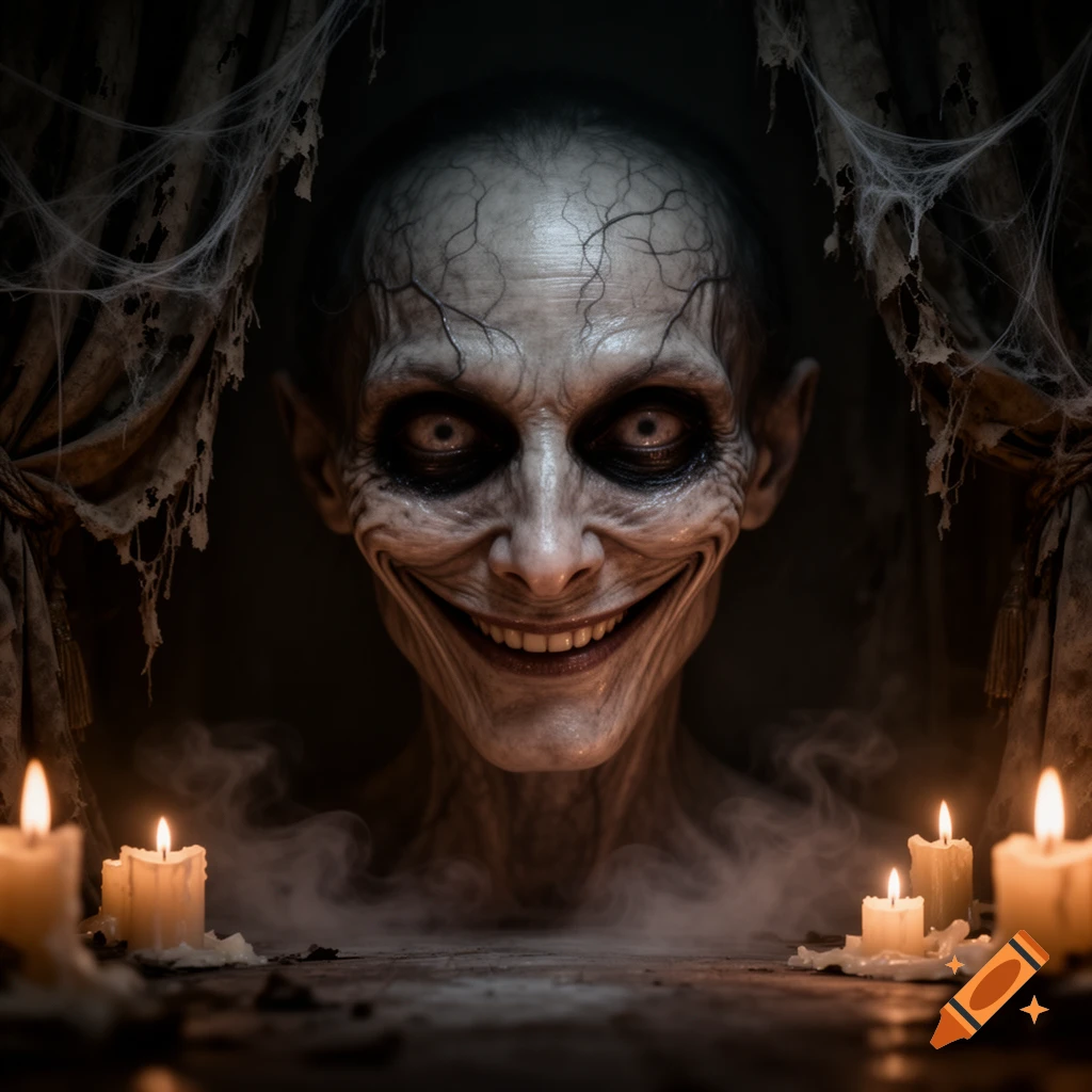 Close-up of a pale, gaunt, smiling horror creature with wide white eyes, framed by dark curtains and cobwebs, with lit candles in the foreground.