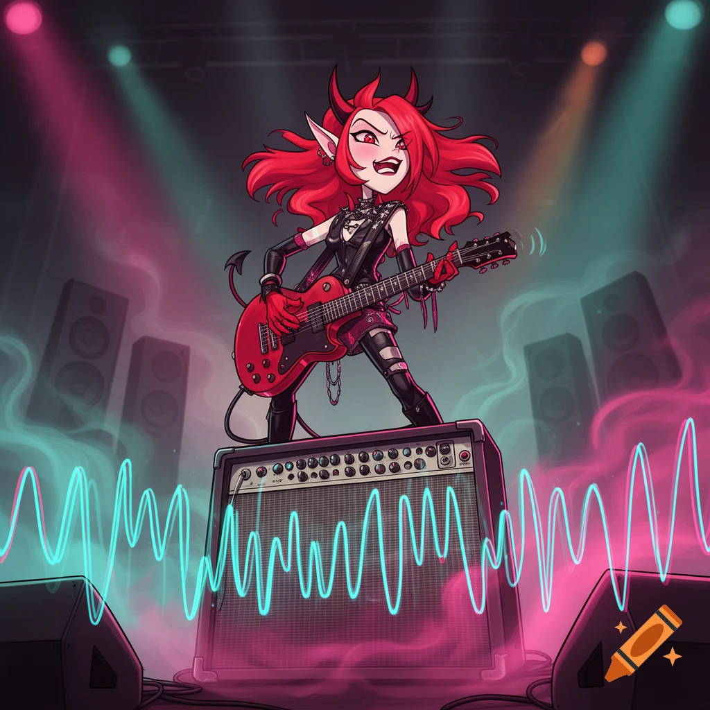 A cartoon demon girl with red hair and horns plays an electric guitar on an amplifier, bathed in pink and blue stage lights.