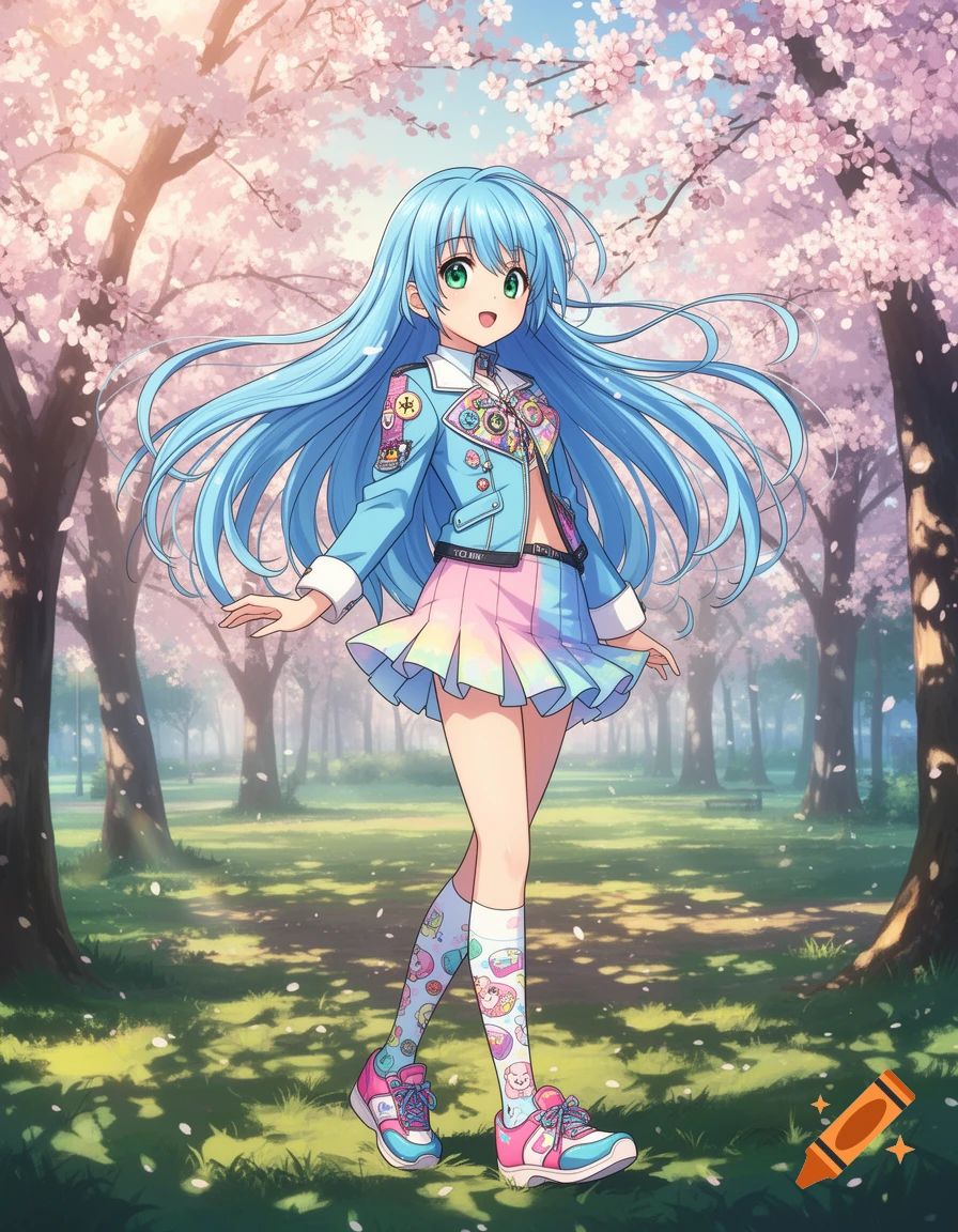 Anime girl with long blue hair and green eyes, wearing a blue jacket and a pastel skirt, smiling in a cherry blossom park.