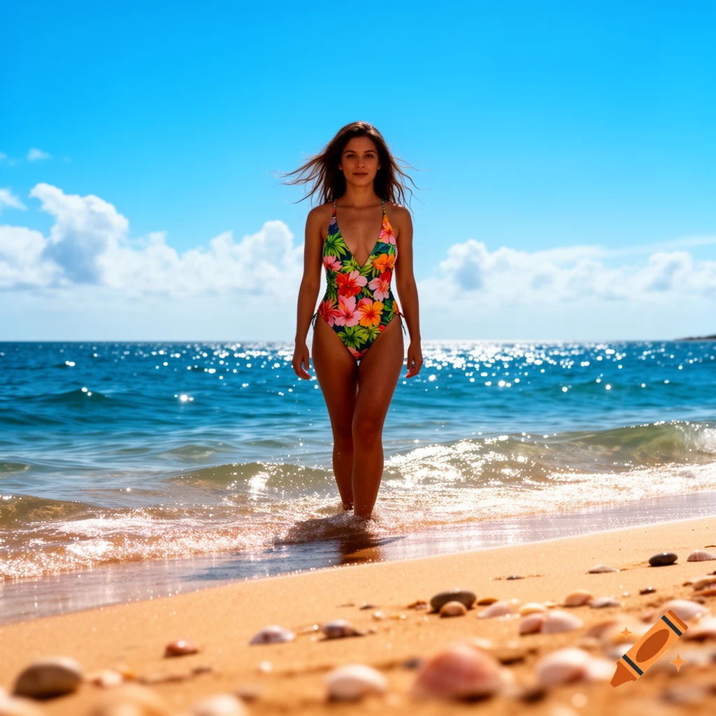 A photorealistic image of a woman in a floral one-piece swimsuit walking out of the ocean onto a sunny beach.