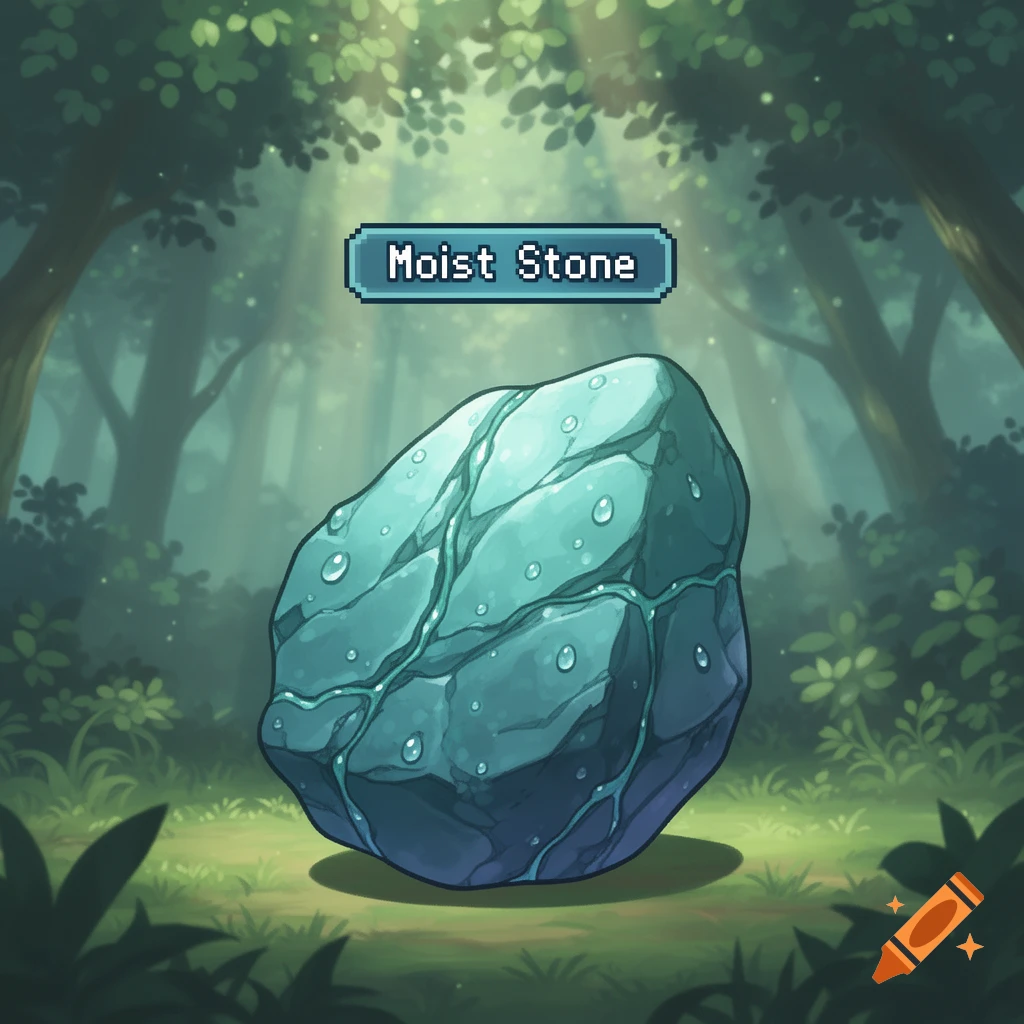 A pixel art style teal "Moist Stone" with water droplets sits in a mystical forest, resembling a Pokémon game item.