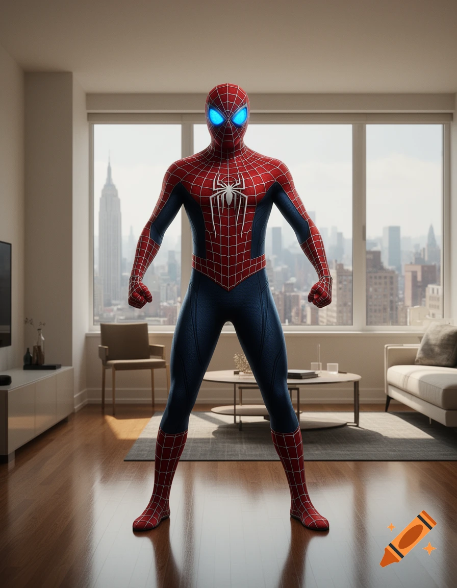 Spider-Man in a red and blue suit with glowing blue eyes stands in a modern apartment with a city view.