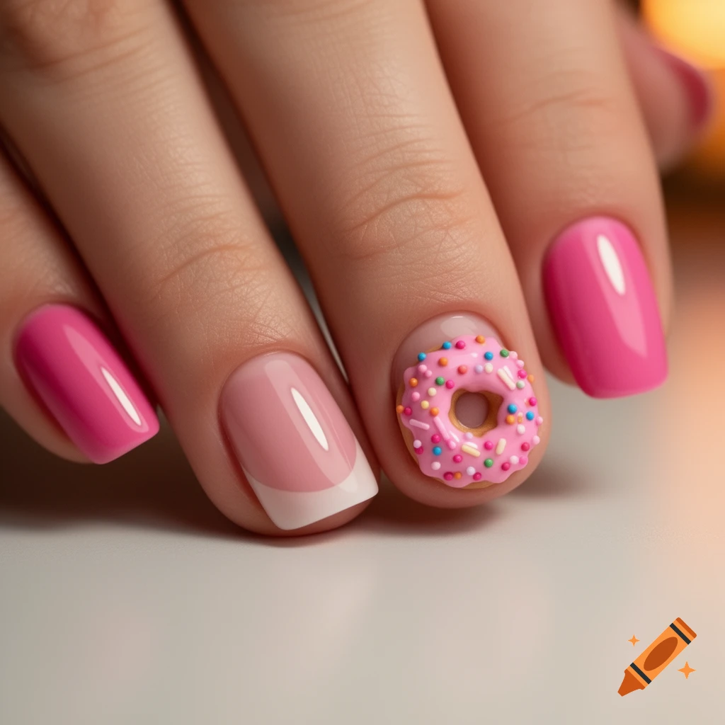 Close-up of a hand with pink gel nails, one finger has a pink French tip, another has a 3D pink donut with colorful sprinkles.