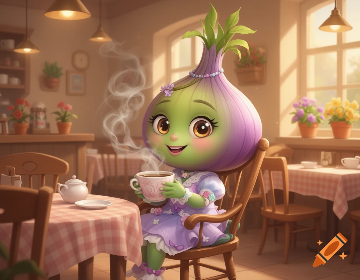 A charming cartoon of a cute female onion character sitting in a cozy cafe, happily drinking a cup of hot tea.