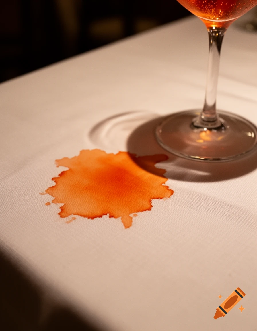Close-up of an orange Aperol Spritz stain on a white tablecloth next to the base of a wine glass, photorealistic.