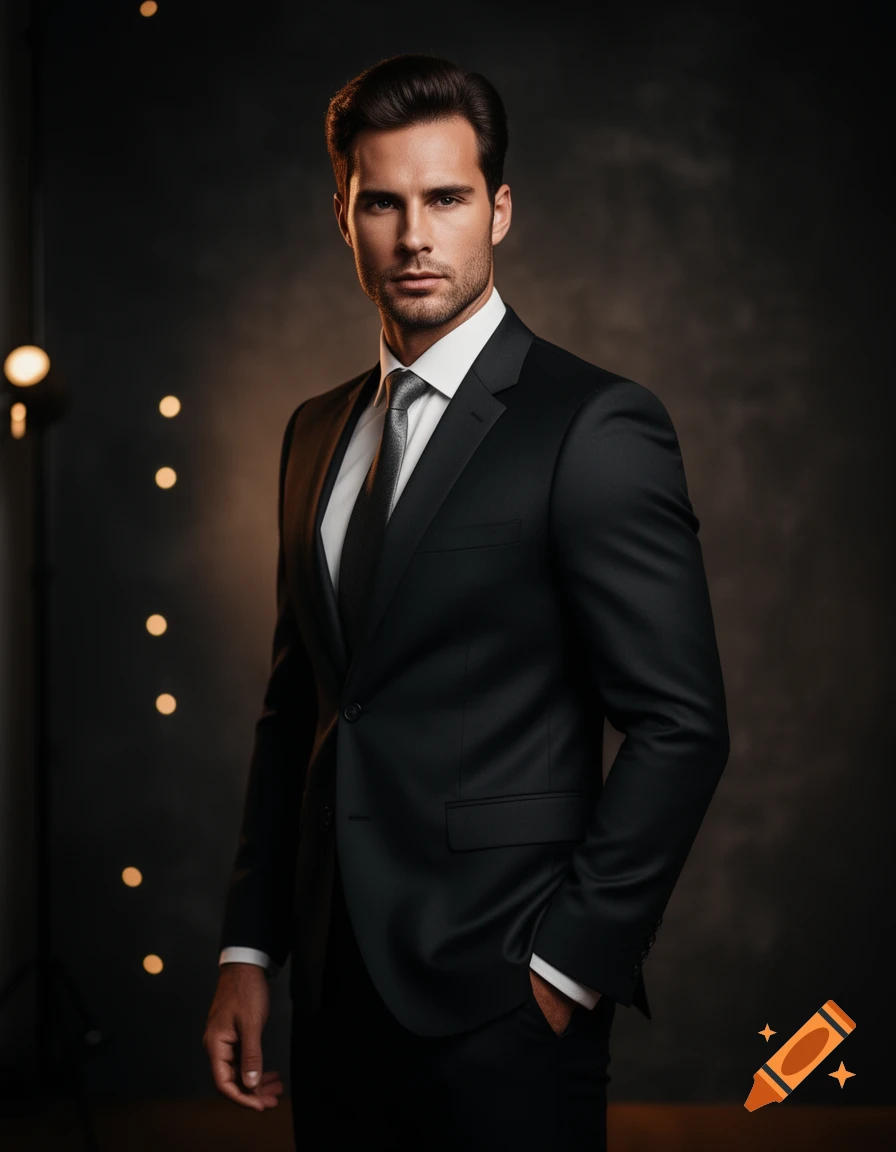 A handsome man in a black suit and white shirt, with a grey tie, stands against a dark background with blurred lights.