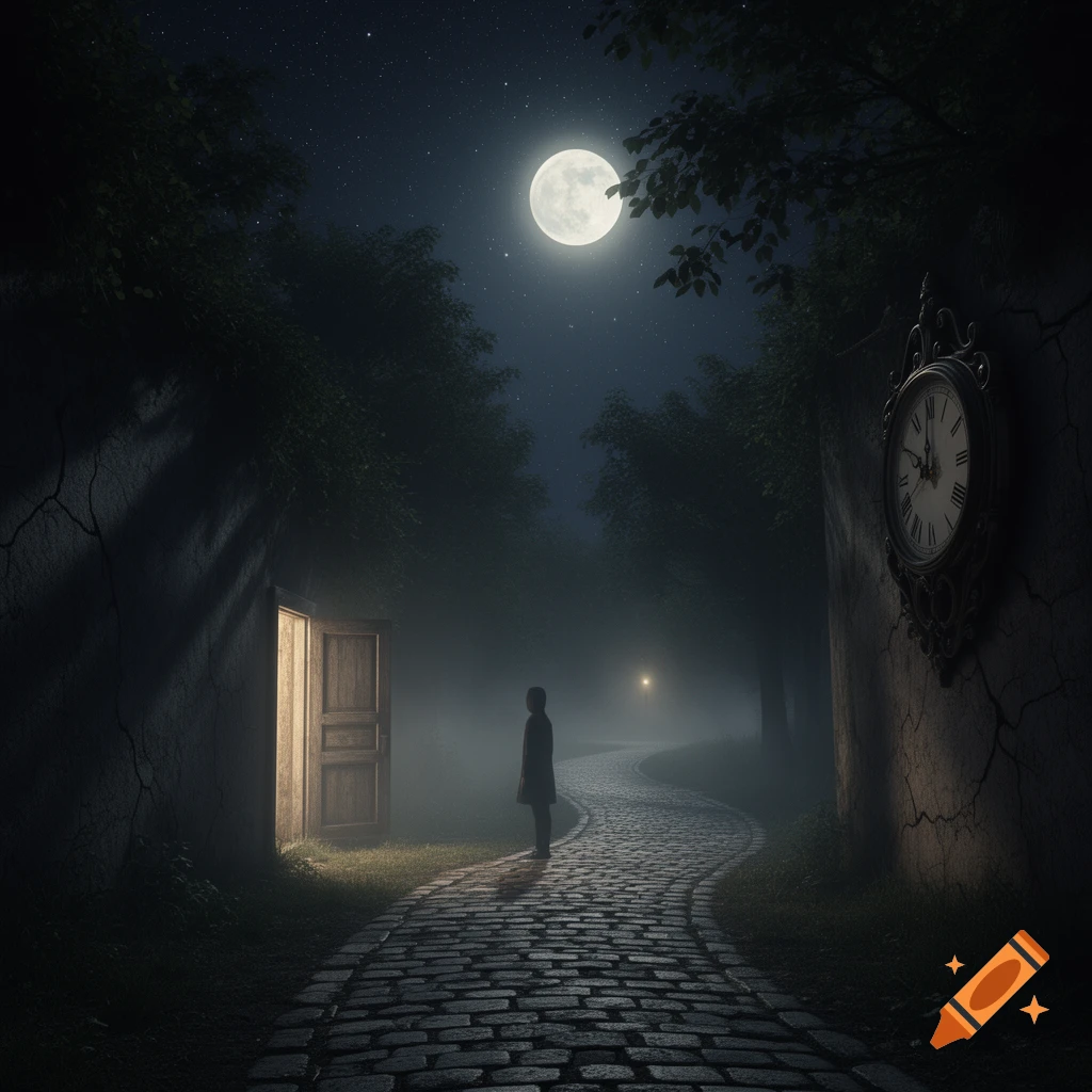 A lone figure stands on a cobblestone path in a misty, moonlit night, facing an open door in a wall, with an ornate clock on the opposite wall.