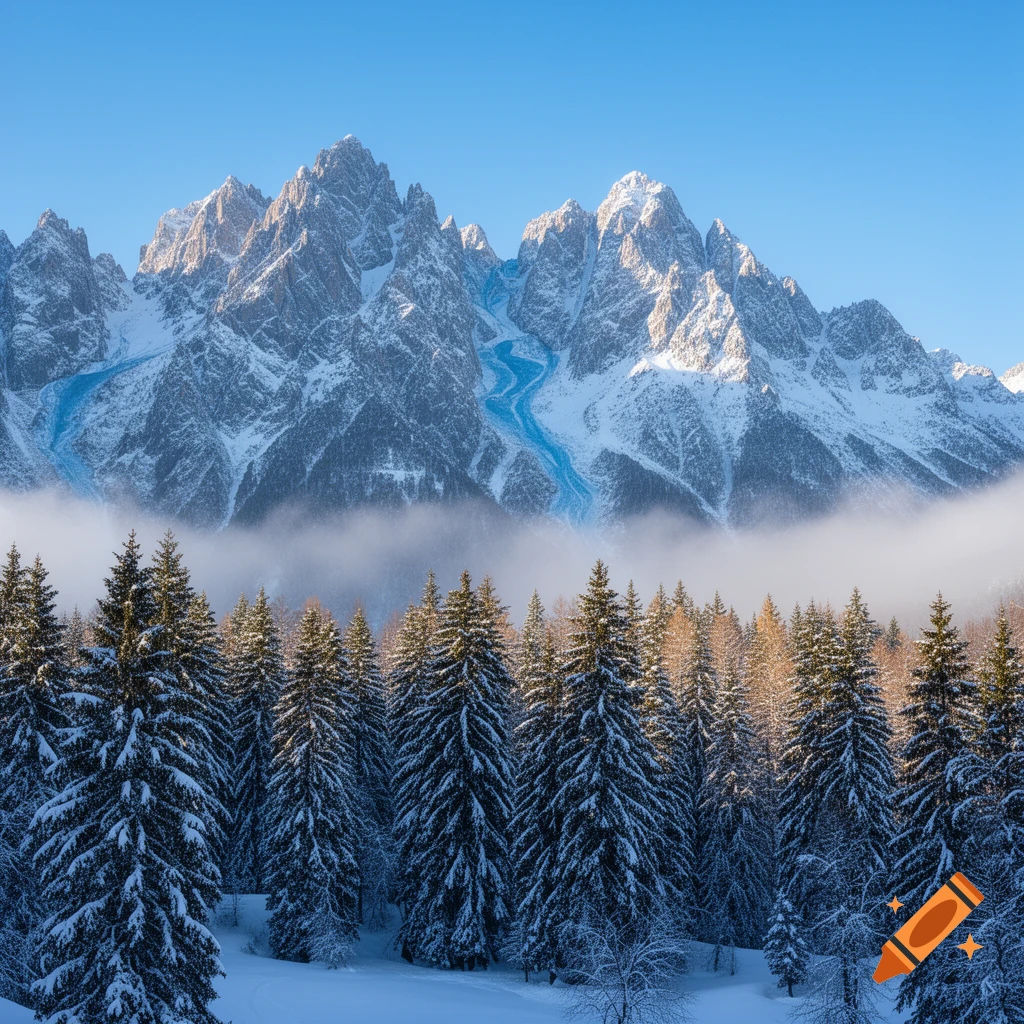 Photorealistic image of majestic snow-capped mountains with prominent blue ice formations, rising above a forest of snow-dusted evergreen trees partially obscured by mist.