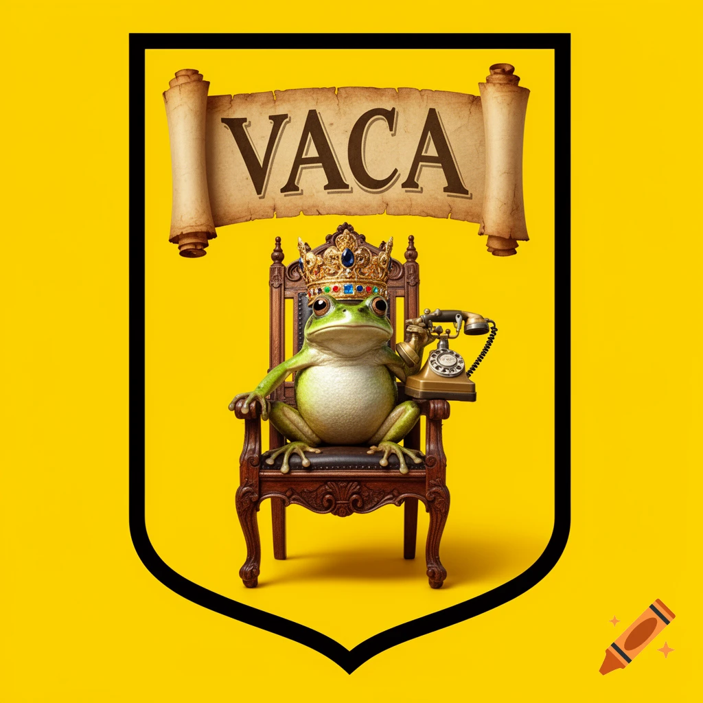 A frog king wearing a crown sits on a throne, holding a retro telephone, beneath a VACA scroll banner, on a yellow shield.
