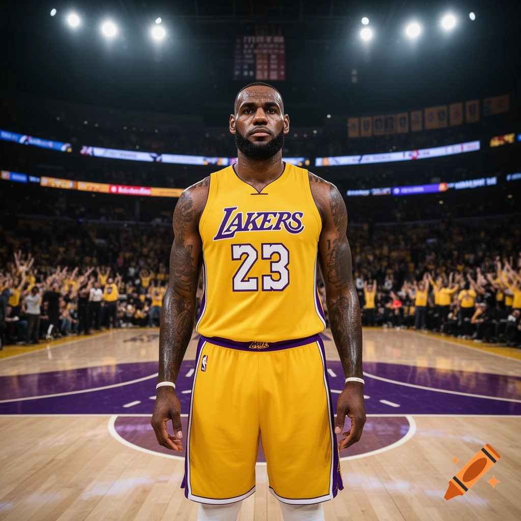 LeBron James in a yellow Lakers jersey with number 23, standing on a basketball court with a cheering crowd in the background.