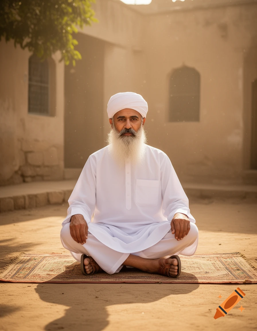 Photorealistic portrait of an elderly man with a long white beard and white turban, sitting cross-legged on a mat in a dusty outdoor setting.