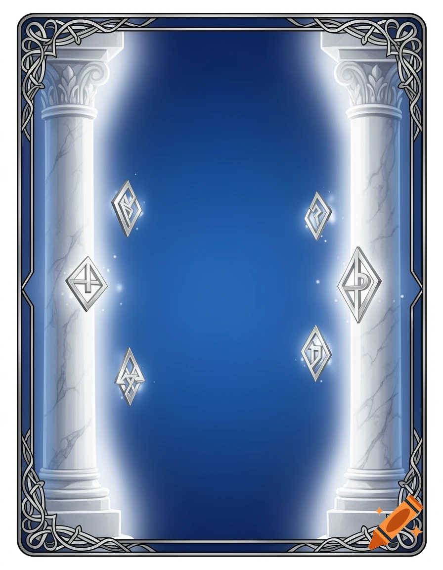Symmetrical trading card back with two glowing white marble pillars framing a celestial blue background, featuring six floating silver geometric law runes and an intricate silver border.