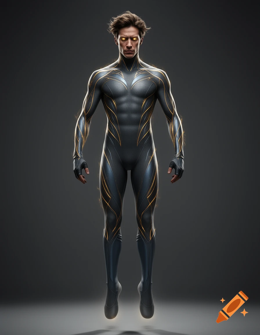 A photorealistic image of a male superhero floating, wearing a dark gray and blue metallic suit with glowing golden lines and intense golden eyes.