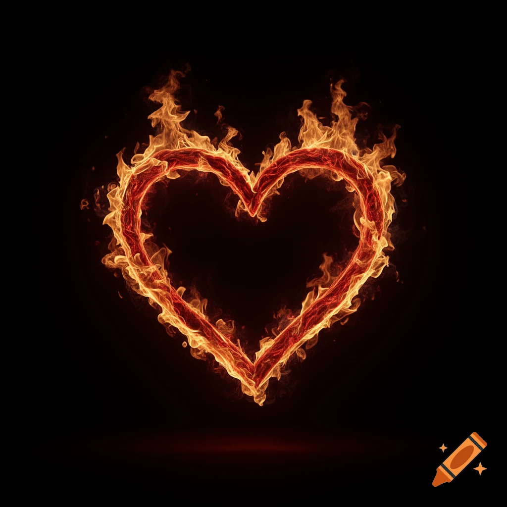 A vibrant red and orange flaming heart outline glows against a dark black background.