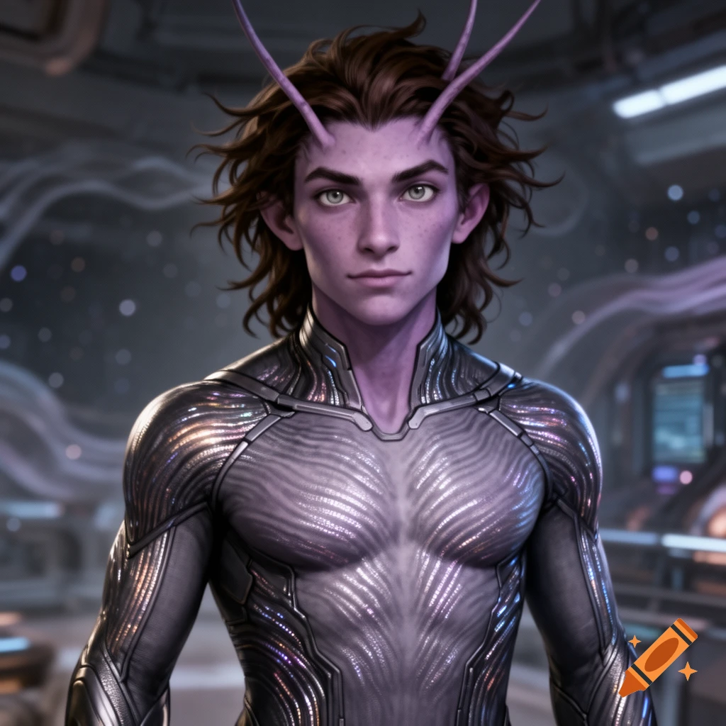 A young alien male with lavender-grey skin, green eyes, messy brown hair, and antennae, wearing a metallic nanotech suit in a sci-fi setting.