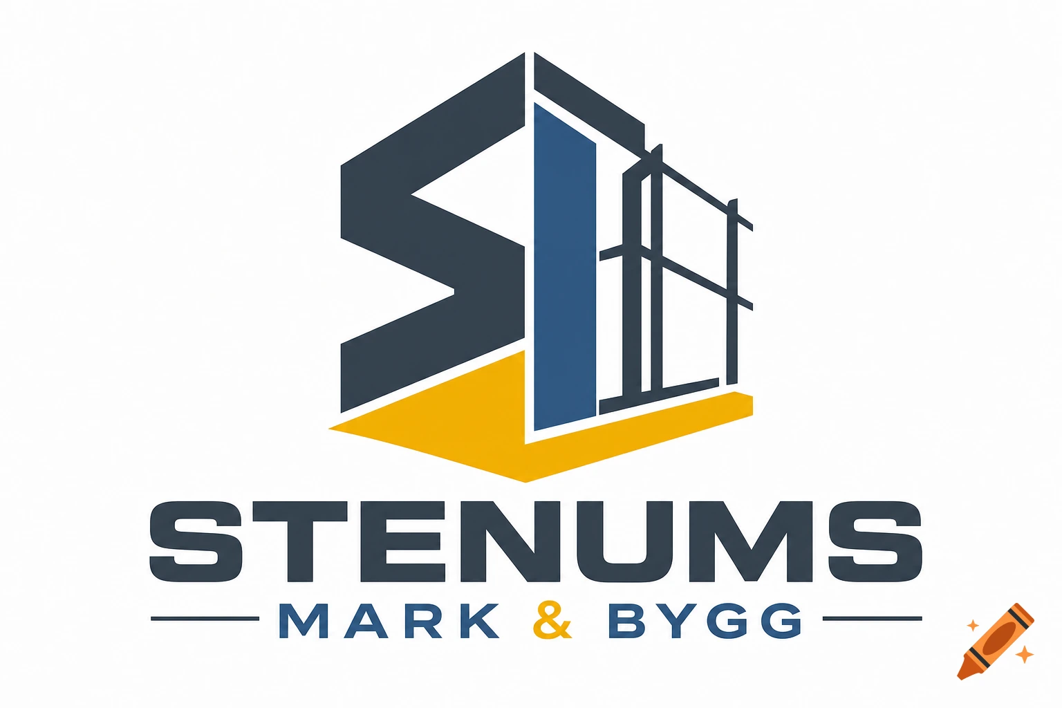 Stenums Mark & Bygg construction company logo featuring a stylized S and building in blue and yellow.