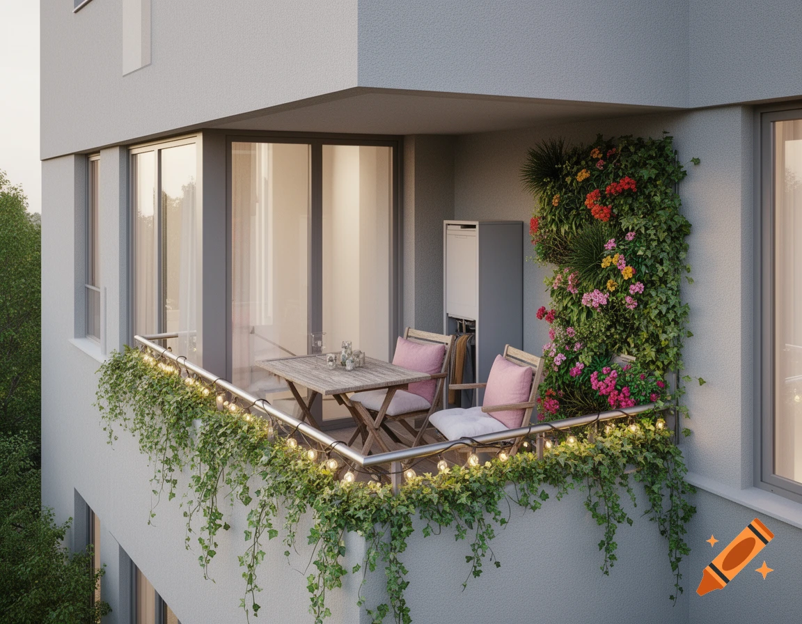 Photorealistic apartment balcony with a wooden table, chairs with pink cushions, a vertical garden wall, string lights, and ivy draped over the railing.