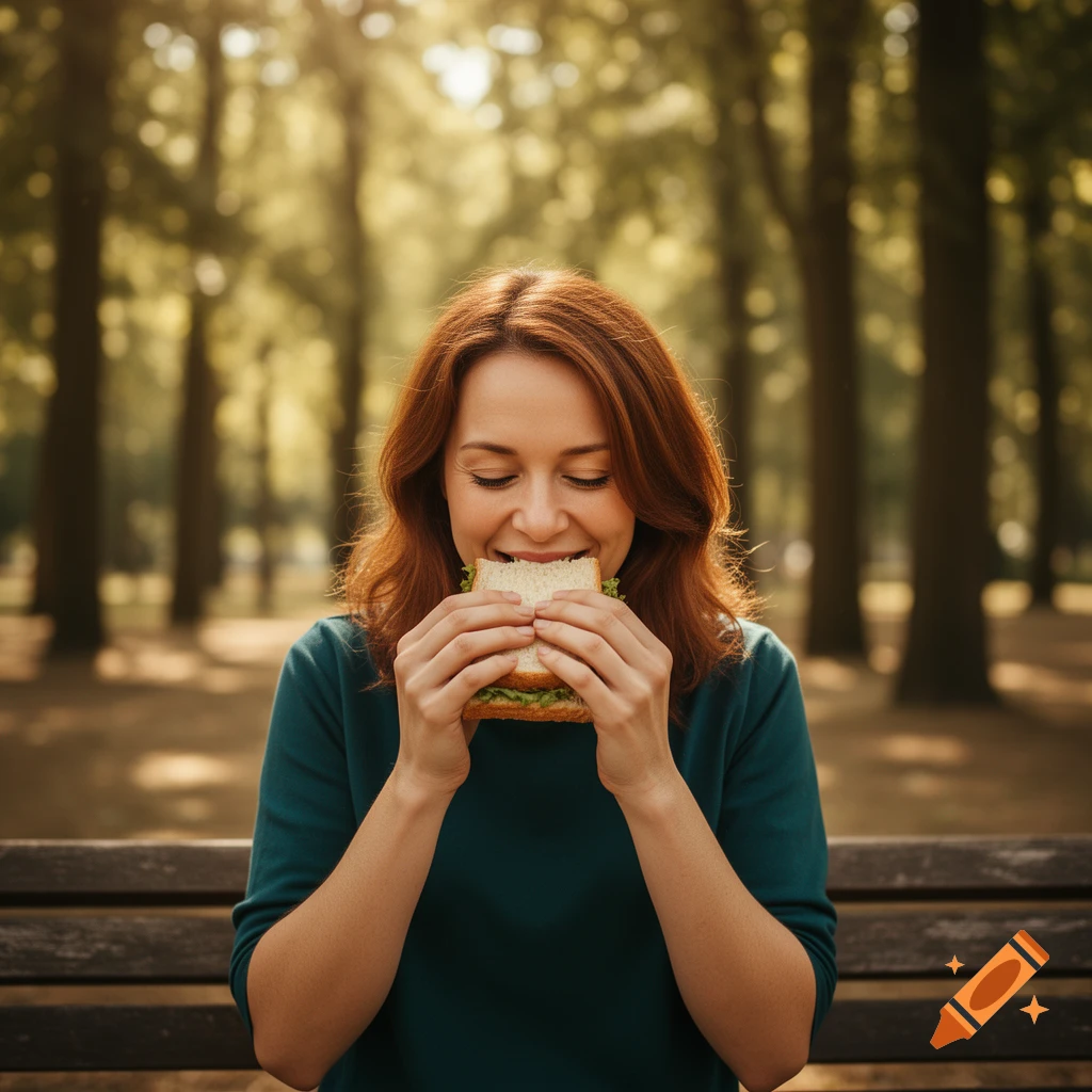 A woman with reddish-brown hair, wearing a dark teal shirt, smiling happily while taking a bite of a sandwich in a sunny park.