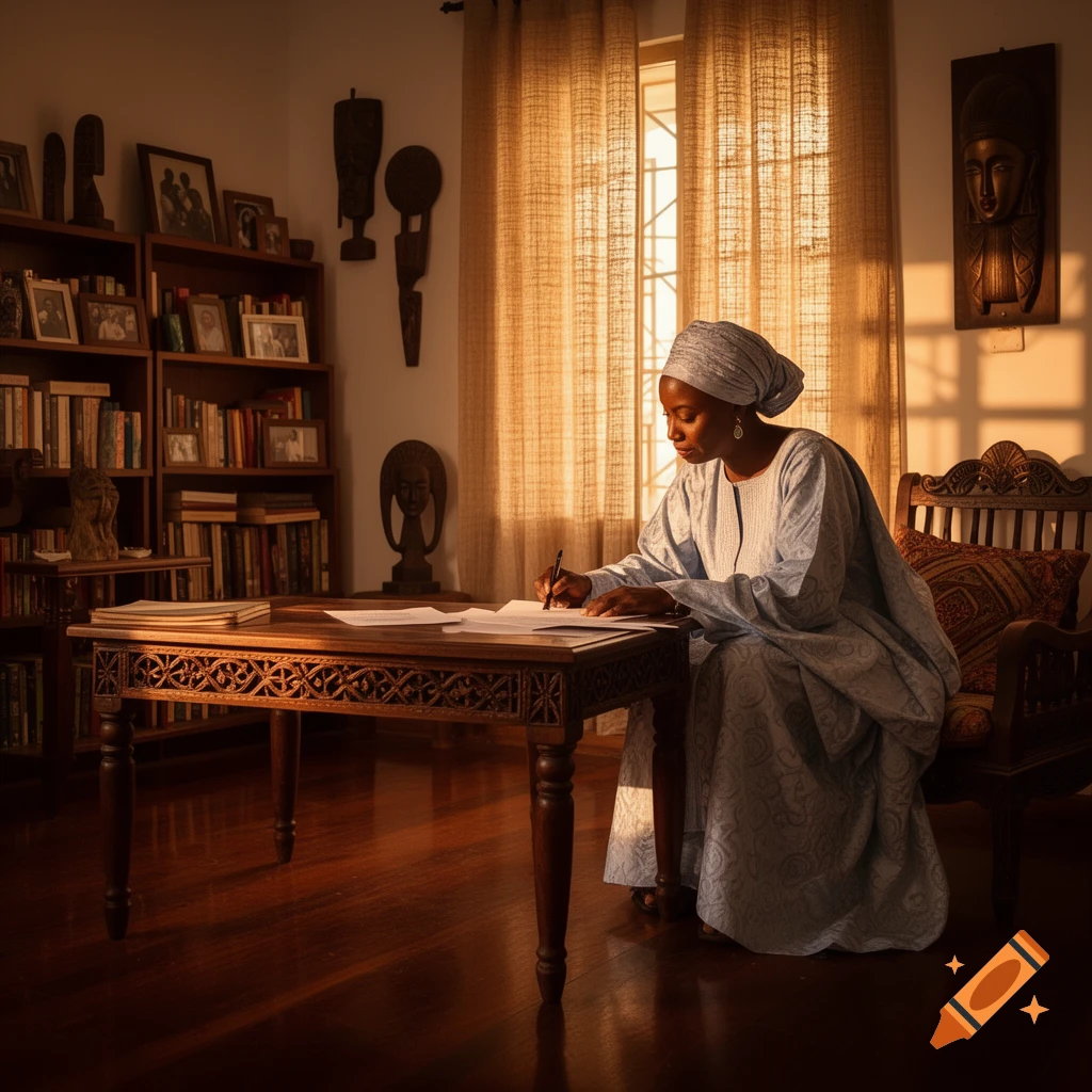 A woman in traditional attire writes at a wooden desk in a sunlit room filled with books and cultural artifacts. Photorealistic style.