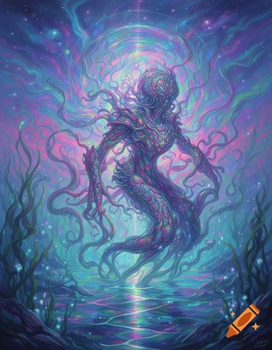 A vibrant, psychedelic deepdream monstrosity with swirling patterns, emerging from cosmic waters under a starry sky.