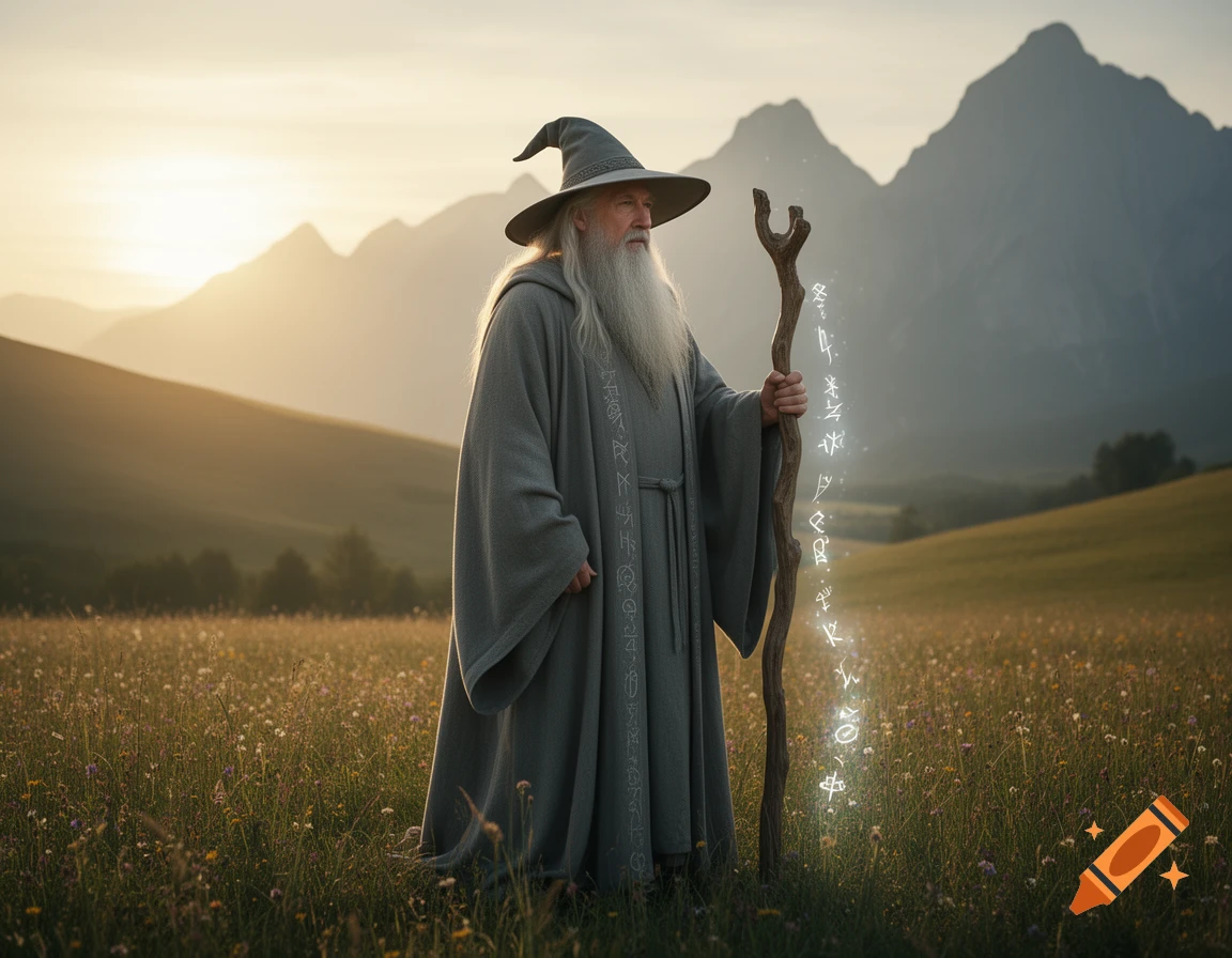 An old wizard in a grey robe and pointed hat, with a long white beard, stands in a golden field holding a glowing staff. Mountains rise in the background under a sunset sky.