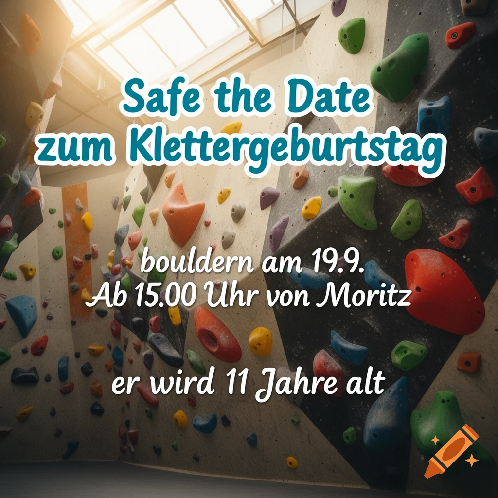 An indoor climbing wall with numerous colorful holds and bright skylight, featuring German text about a climbing birthday party.