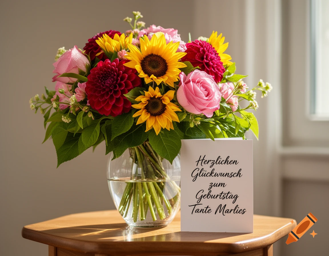A vibrant bouquet of sunflowers, dahlias, and pink roses in a glass vase, with a 'Happy Birthday Aunt Marlies' card on a wooden table.