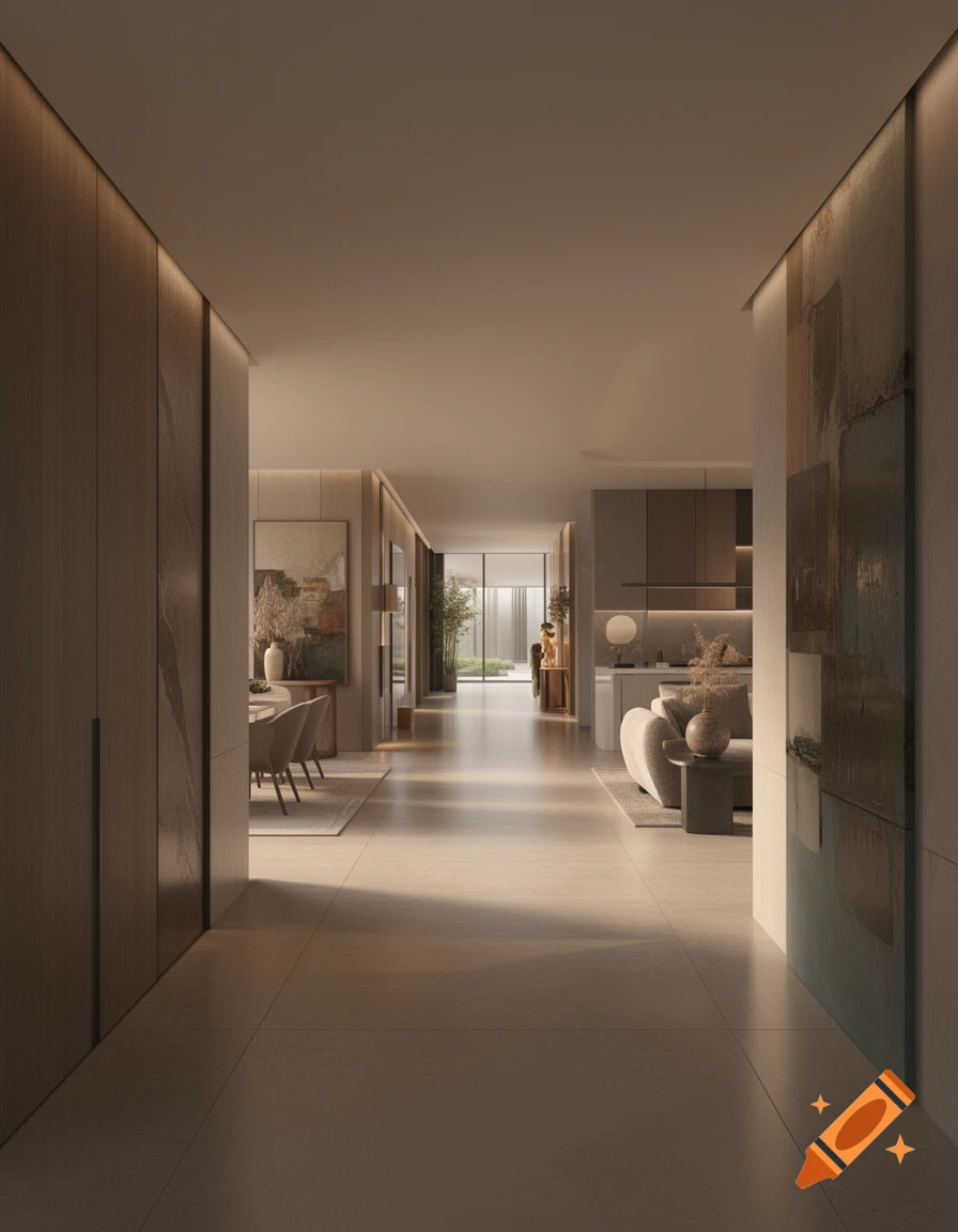 Modern luxurious interior hallway leading to a bright living area and dining room with warm lighting.
