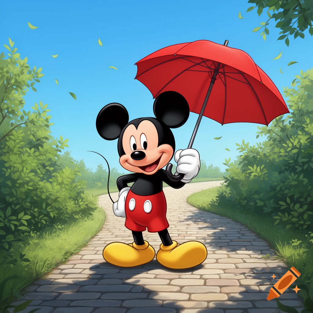 Mickey Mouse, a cartoon character, smiles while holding a red umbrella on a cobblestone path surrounded by green bushes under a blue sky.