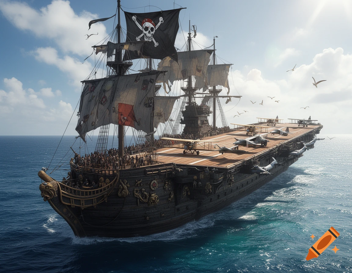 A majestic pirate ship, equipped with an aircraft carrier deck full of planes, sails across a calm blue ocean under a bright sky.