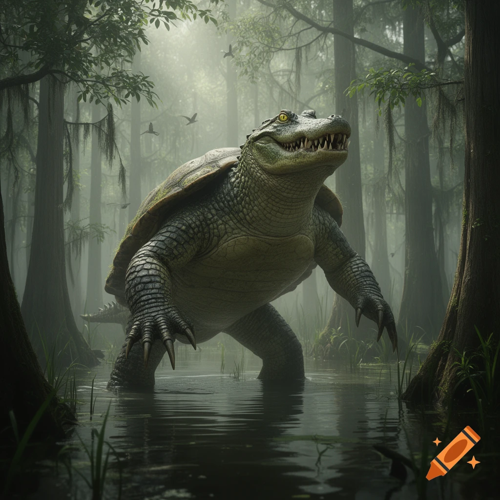 A photorealistic hybrid creature, part alligator and part snapping turtle, stands in a misty swamp with tall trees and birds.