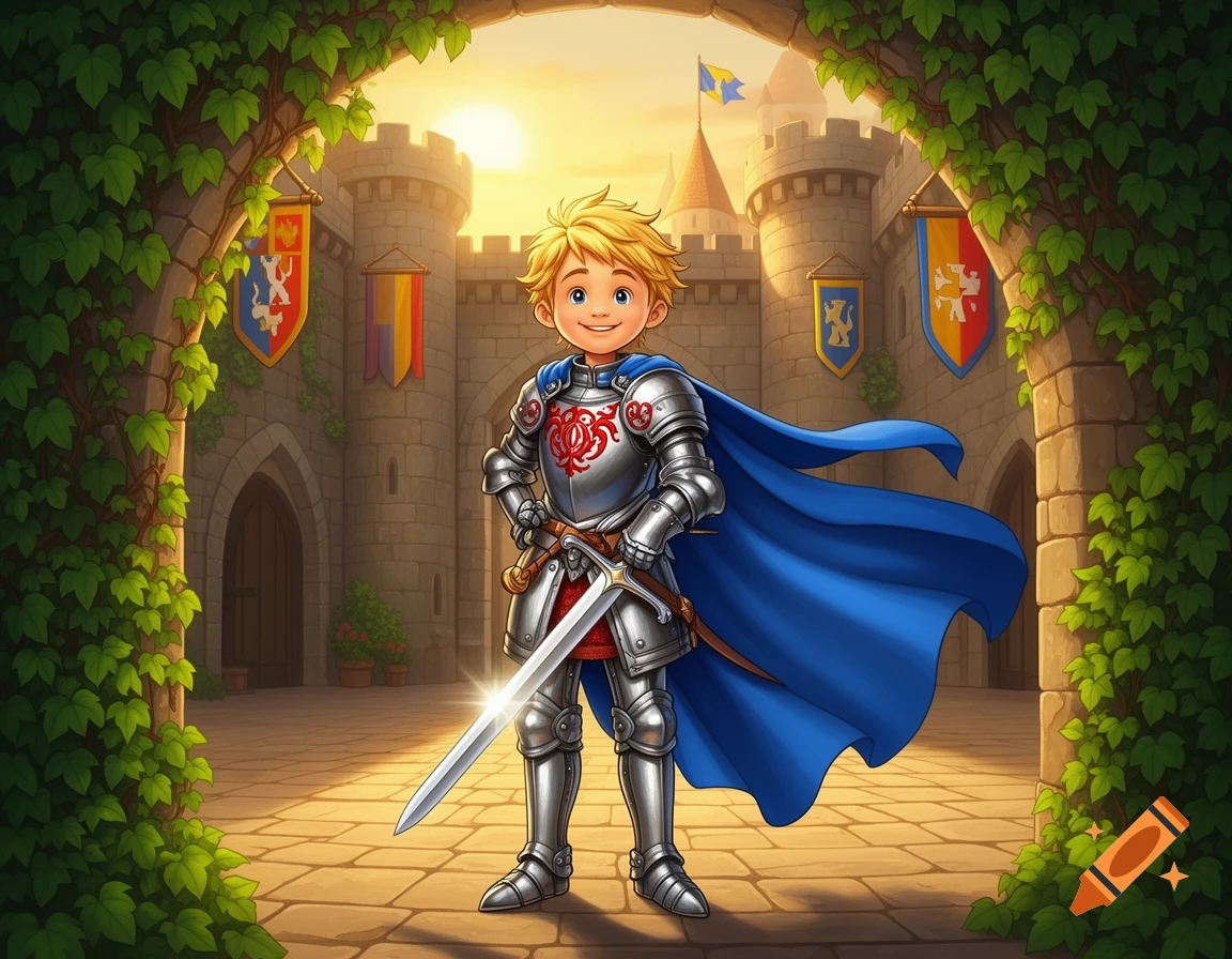 A brave young knight in shiny silver armor with red details and a blue cape stands proudly in a castle courtyard, holding a sword.