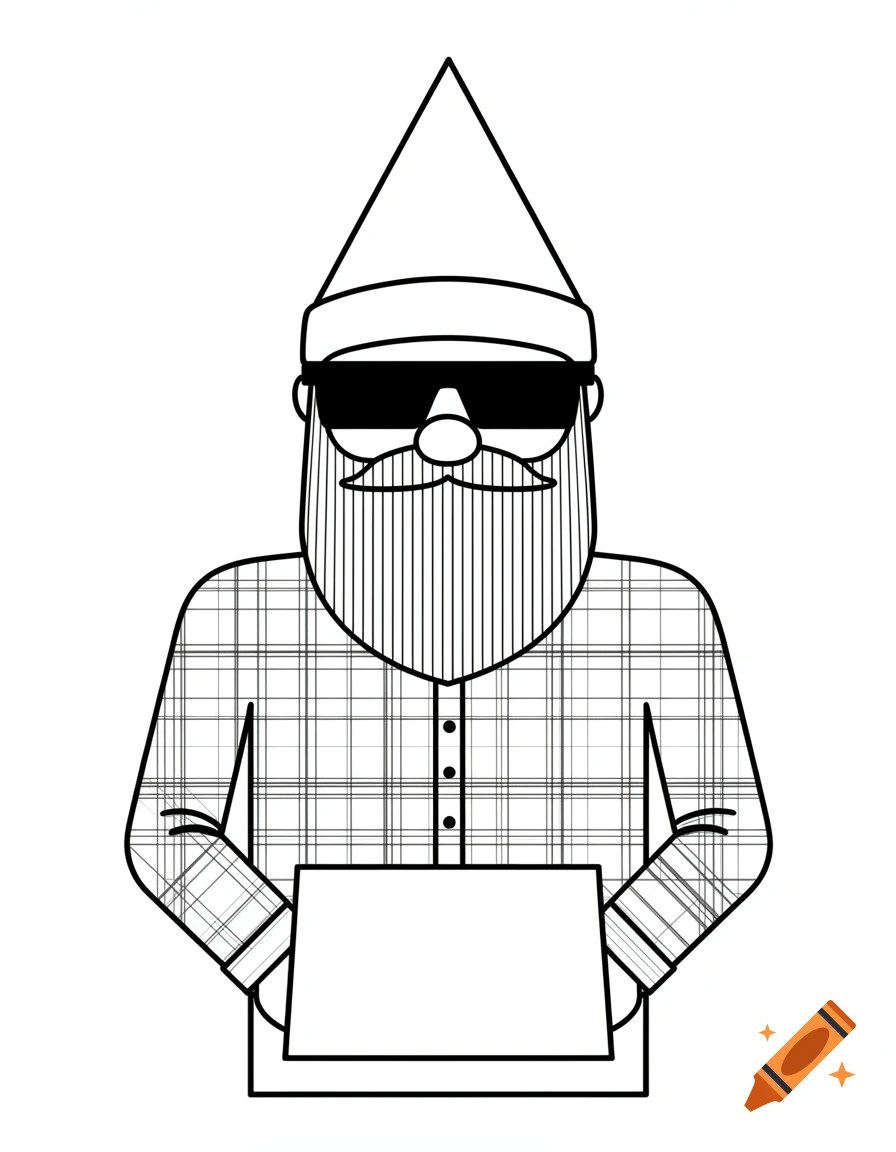 Line drawing of a stylized character resembling a gnome or Santa, wearing sunglasses, a pointed hat, a plaid shirt, and holding a pouch.
