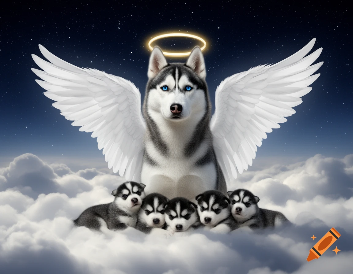Photorealistic angelic Siberian Husky with white wings and a halo, with four puppies on clouds under a starry night sky.