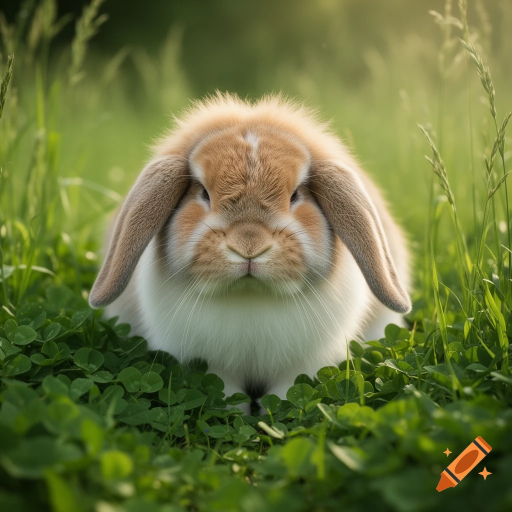 A fluffy tan and white lop-eared rabbit sits in a field of green clover and grass, looking directly at the viewer with a serious expression.