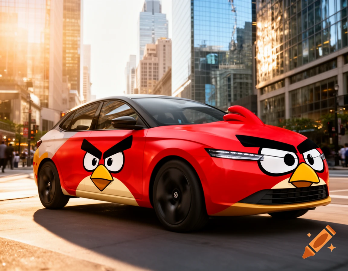 A red car designed like the Angry Birds character Red with crest, driving on a sunny city street with tall buildings.