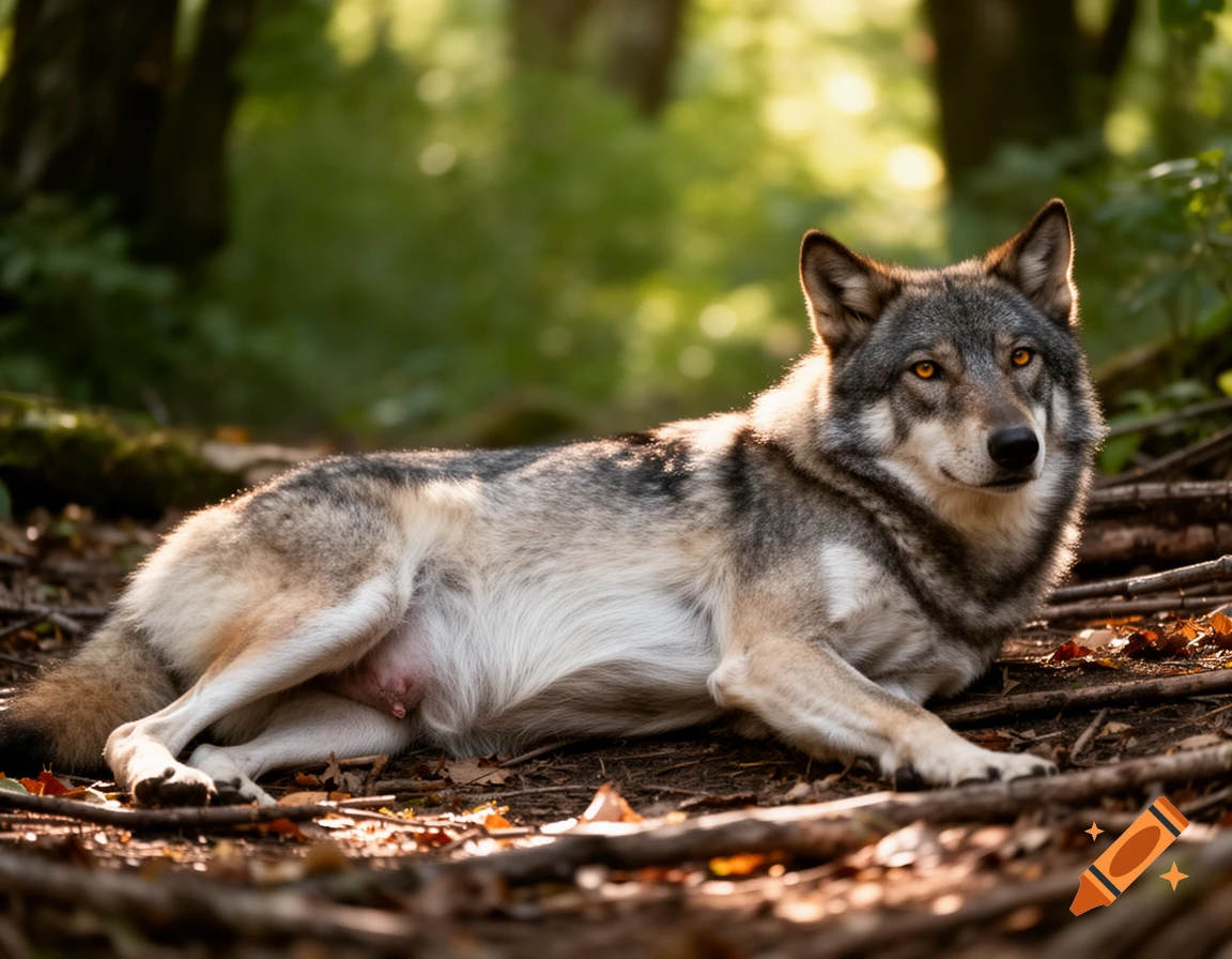 A photorealistic gray wolf lies on its side on a forest floor, looking towards the viewer with amber eyes. Sunlight filters through the trees.