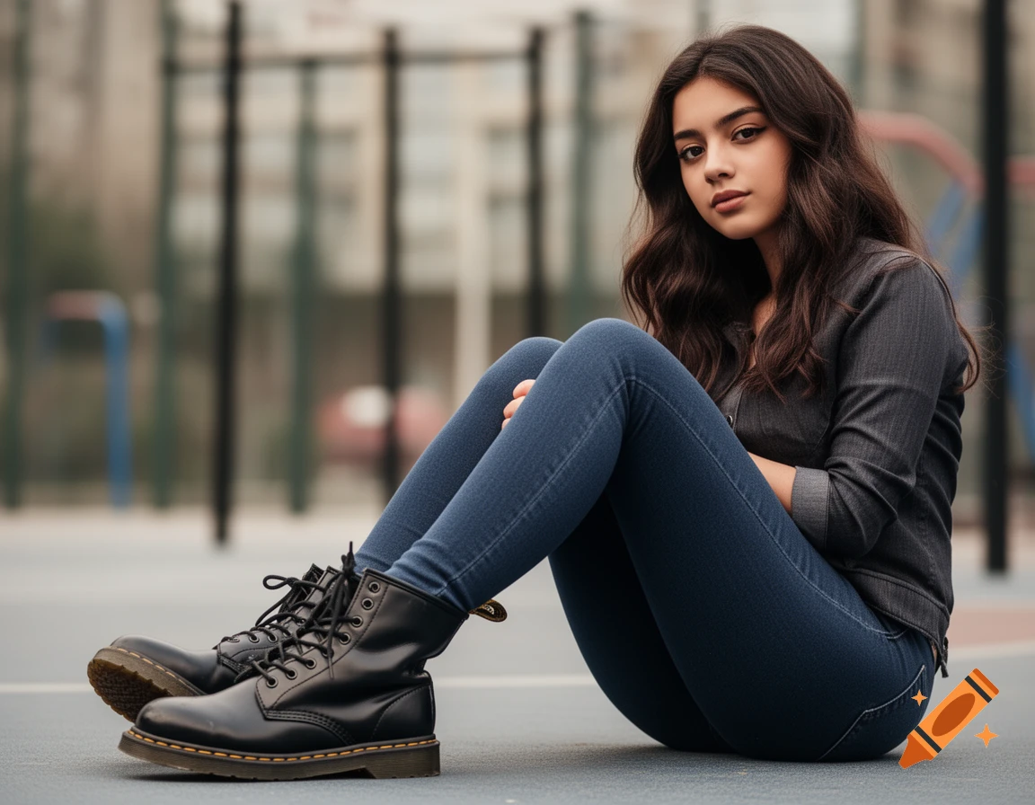 A young woman in a grey jacket, blue skinny jeans, and black combat boots sits on the ground, looking at the viewer.