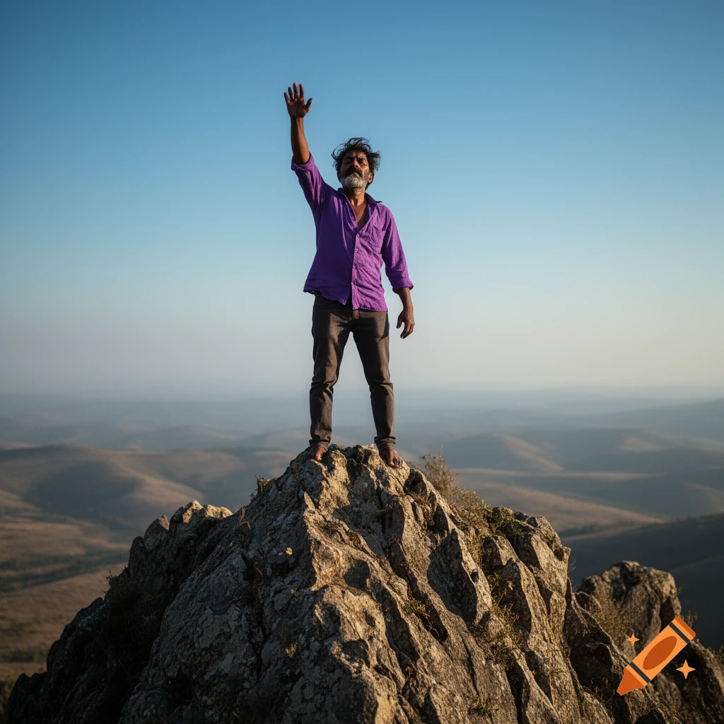 A man in a purple shirt stands on a rocky mountain peak, raising his hand triumphantly against a clear blue sky.