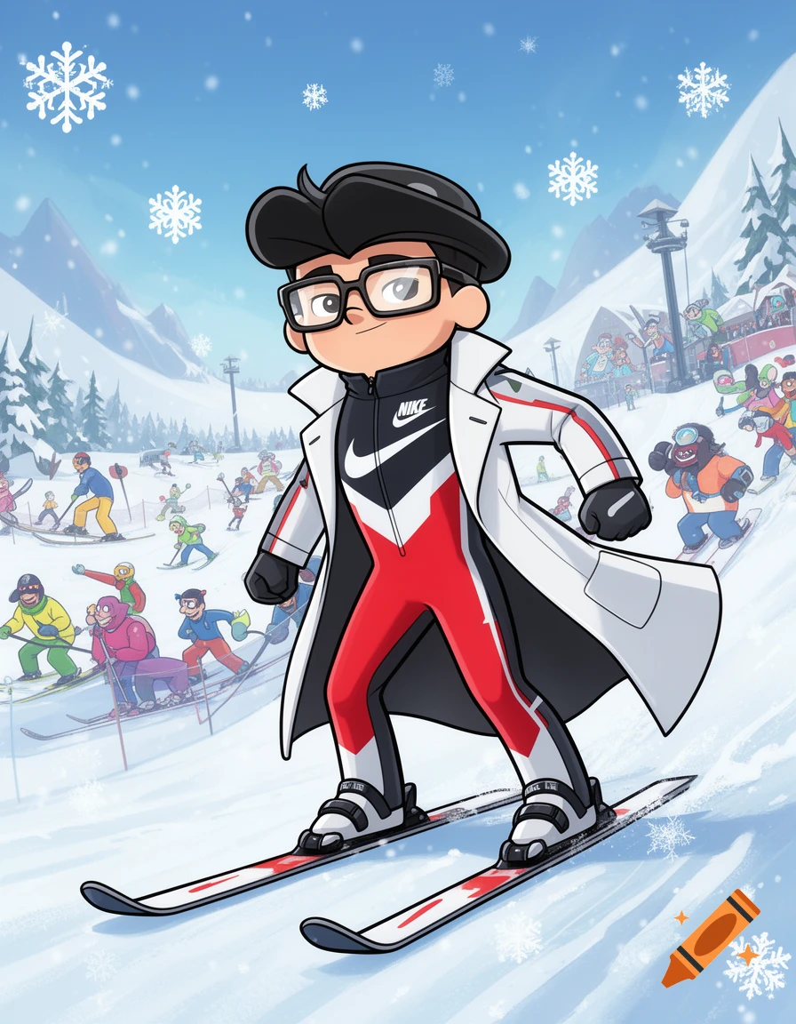 Cartoon character Dexter from Dexter's Laboratory skiing down a snowy mountain slope with other cartoon skiers and falling snowflakes.