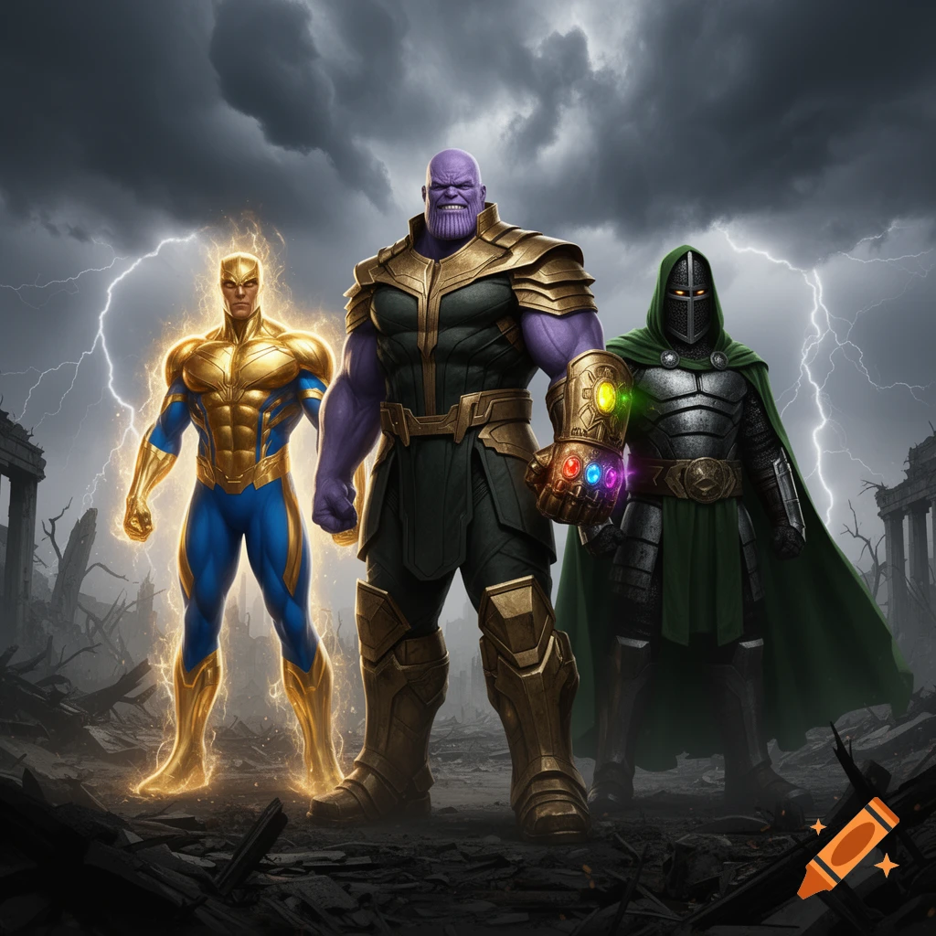 Sentry, Thanos with the Infinity Gauntlet, and Doctor Doom stand together under a stormy, lightning-filled sky amidst ruins.