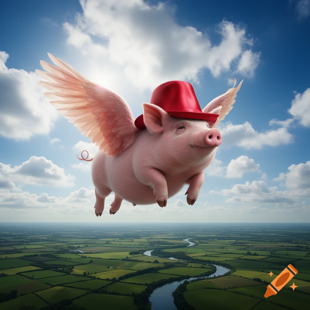 A smiling pink pig with large wings and a red fedora hat flies over a lush green landscape under a blue sky.