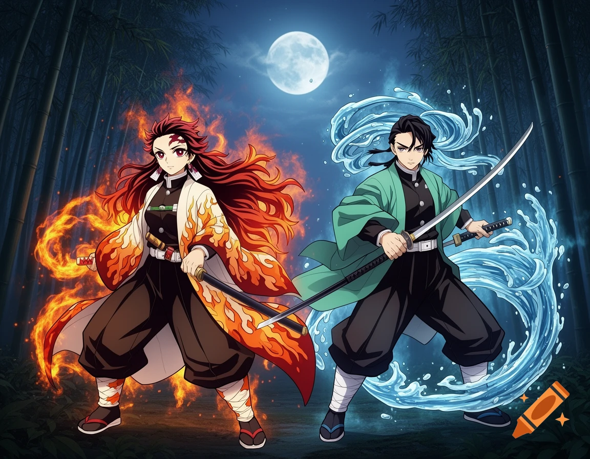 Two anime characters, one wreathed in fire and the other in water, stand with katanas in a bamboo forest under a full moon.