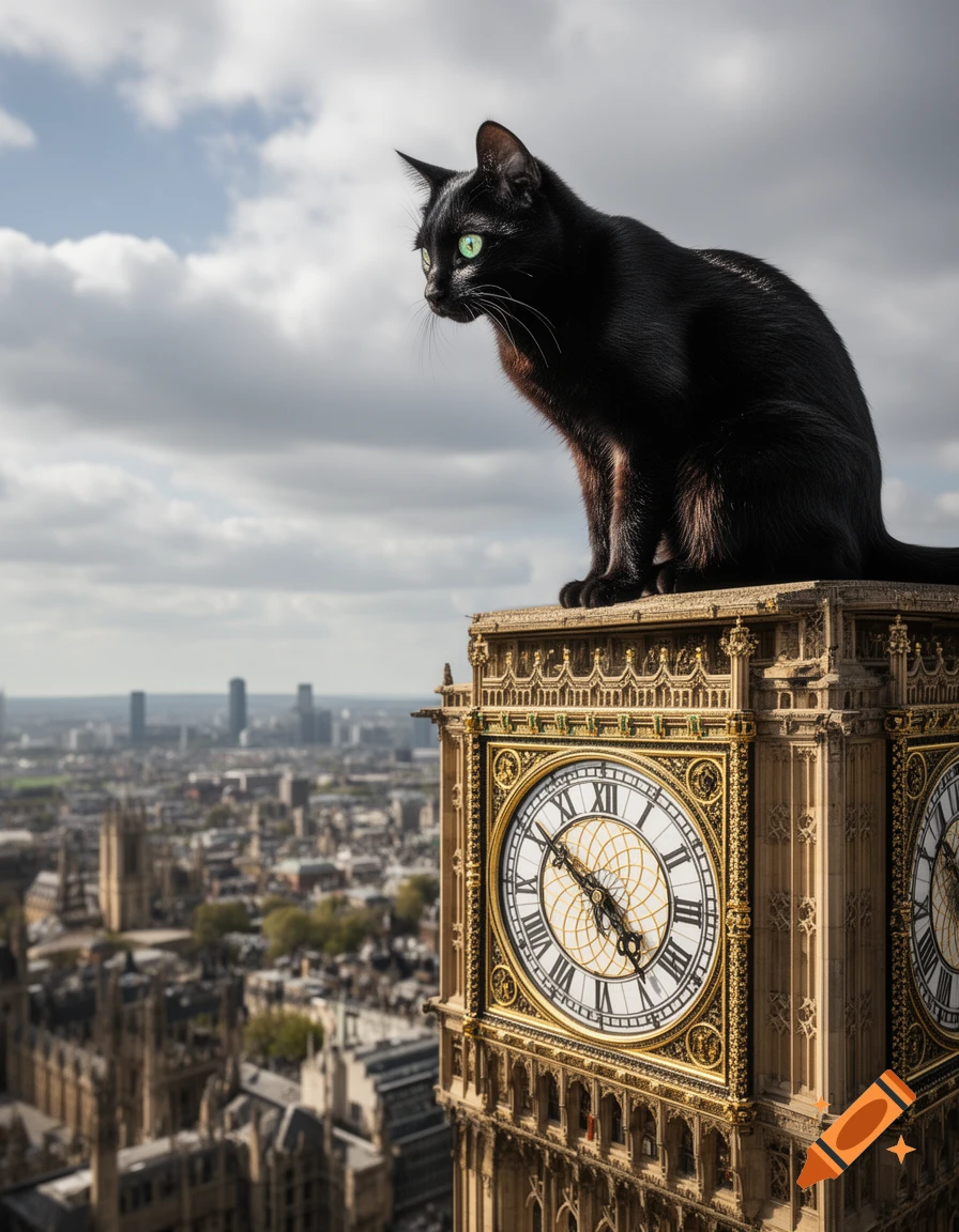 A photorealistic image of a black cat with green eyes sitting on the Big Ben clock tower, overlooking the London cityscape.