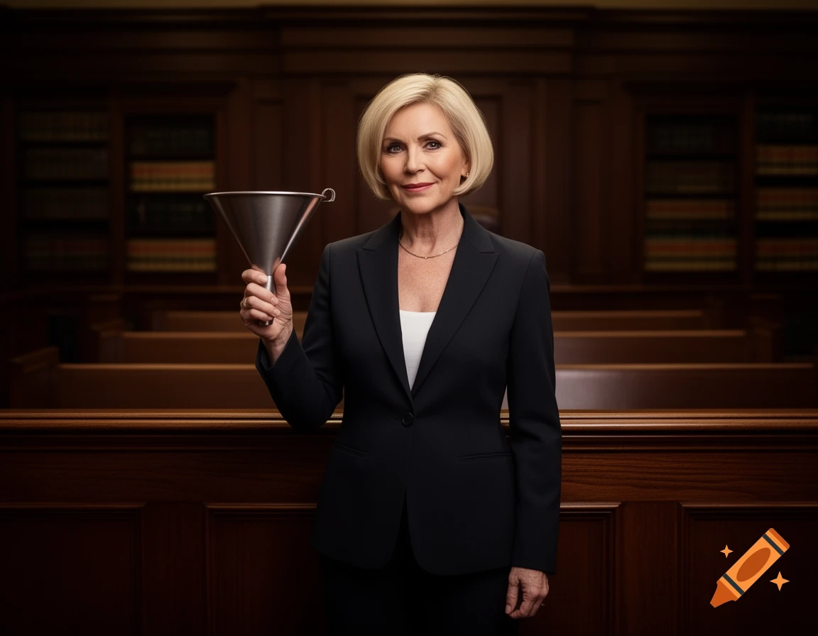 A smiling blonde woman in a black suit holds a metal funnel in a courtroom with wooden bookshelves in the background.