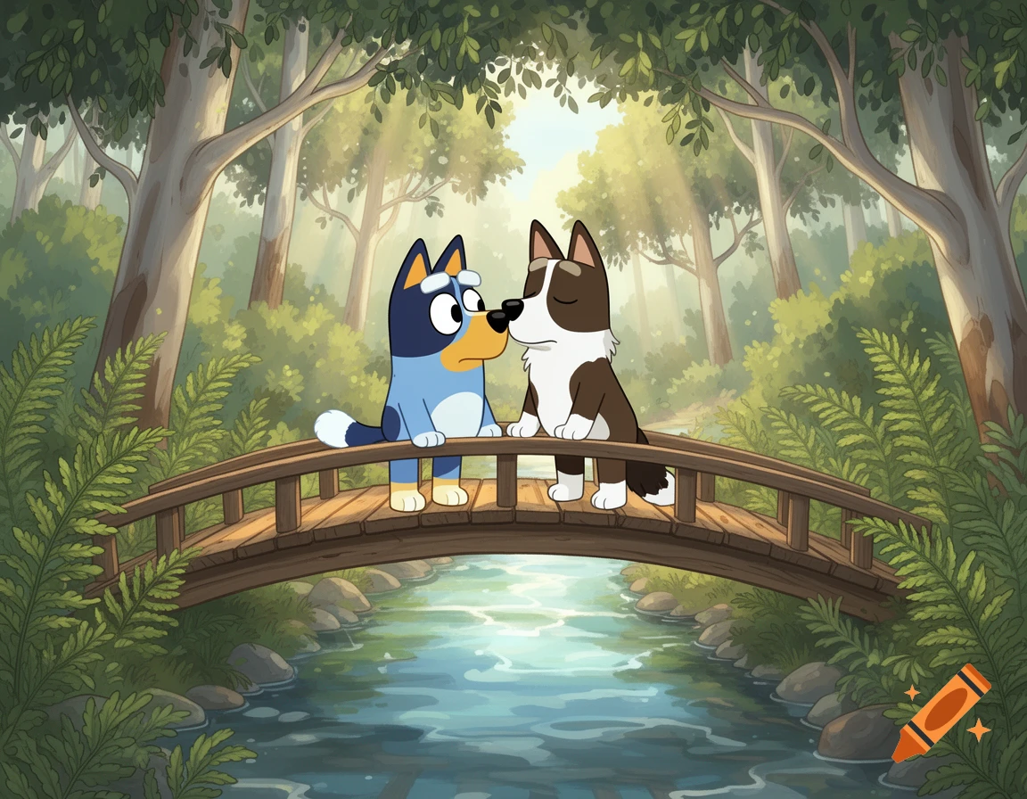 Bluey and McKenzie, two cartoon dogs, kiss on a wooden bridge over a creek in a sunny forest.