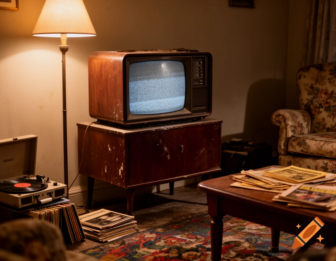 A vintage living room with an old wooden TV displaying static, a record player, a floor lamp, and a floral armchair.