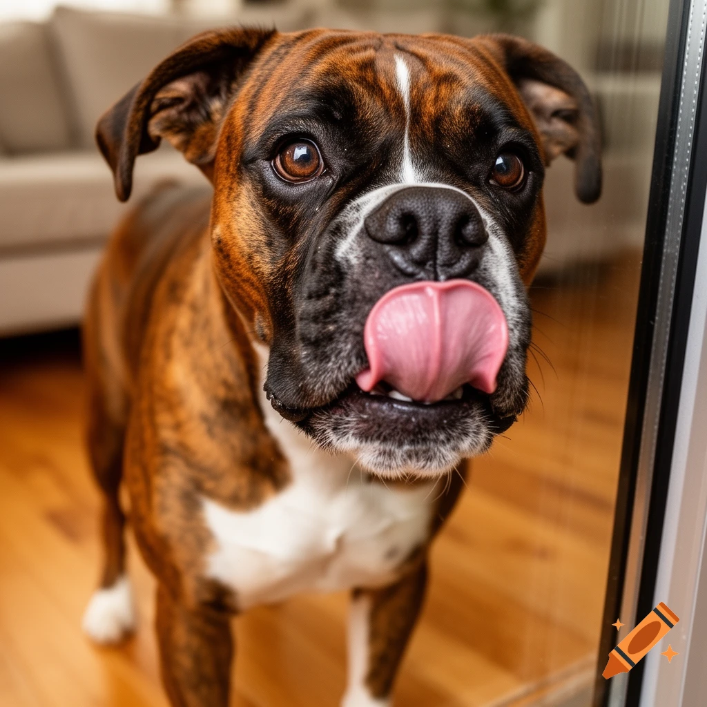 A close-up, photorealistic shot of a brindle boxer dog with white markings licking a clear screen with its pink tongue.