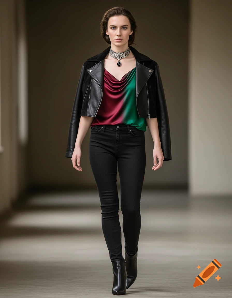A woman in a black leather jacket, red and green cowl-neck camisole, black jeans, and boots, wearing a silver choker, walking in a hallway.